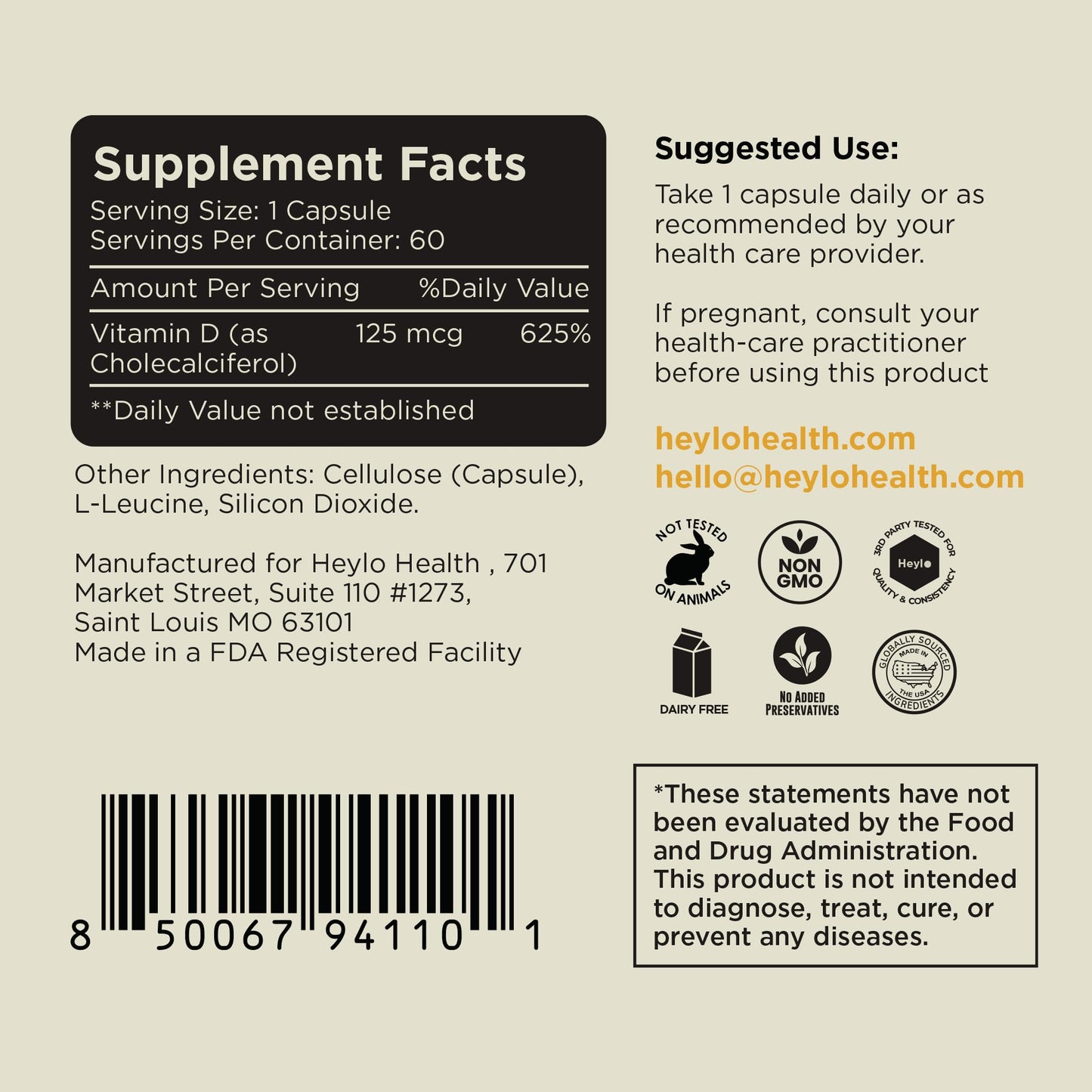 Heylo Health Vitamin D3 5000 IU (125 mcg) – High-Potency Vitamin D Supplement for Immune Support, Bone Strength & Mood – 60 Capsules