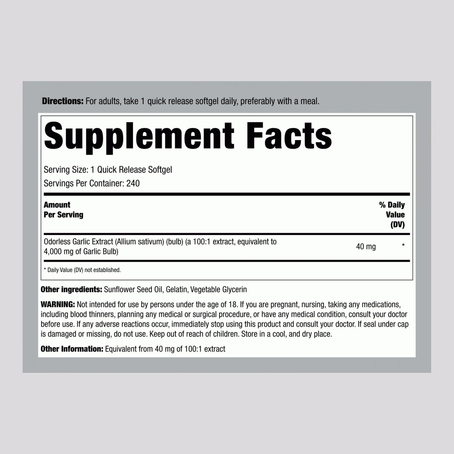 Piping Rock Odorless Garlic Softgels 240