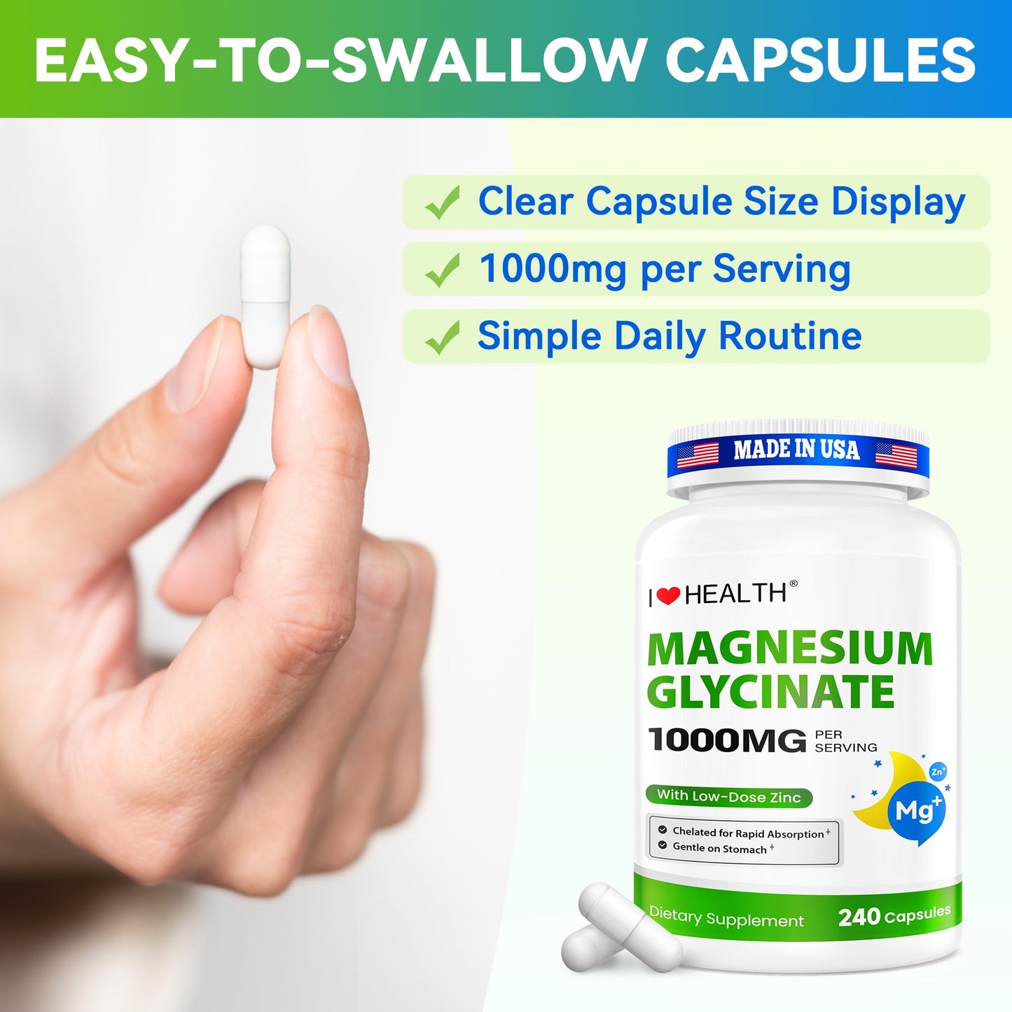 I LOVE HEALTH Magnesium Glycinate – Elemental Magnesium 200mg with Zinc 2mg, 240 Capsules