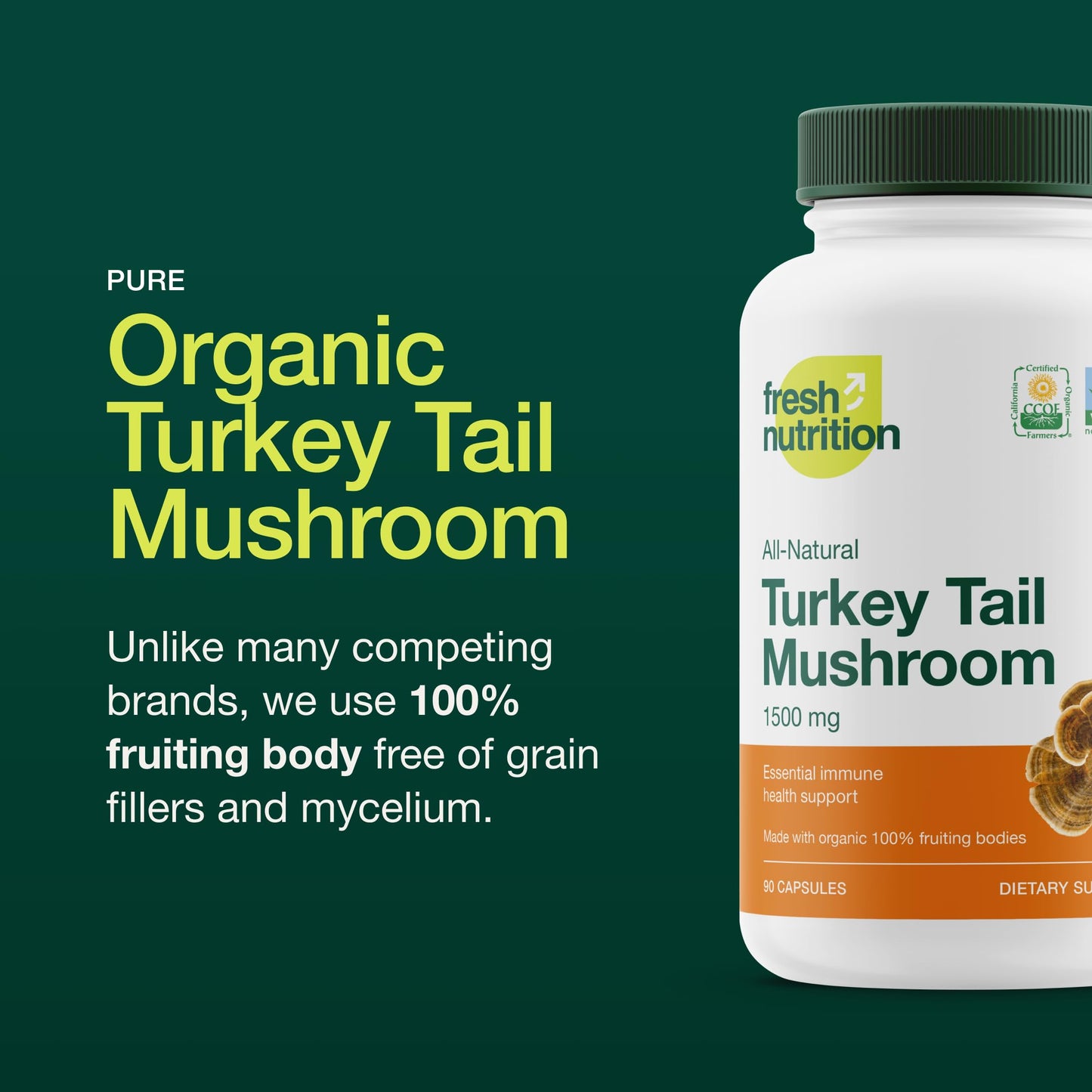 Fresh Nutrition Organic Turkey Tail Mushroom Extract Supplement Capsules, 180 Capsules