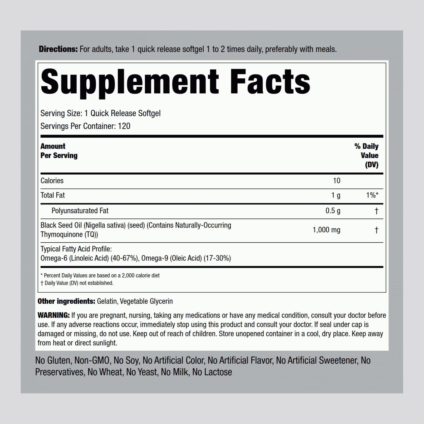 Piping Rock Black Seed Oil Softgel Capsules, 120 Count