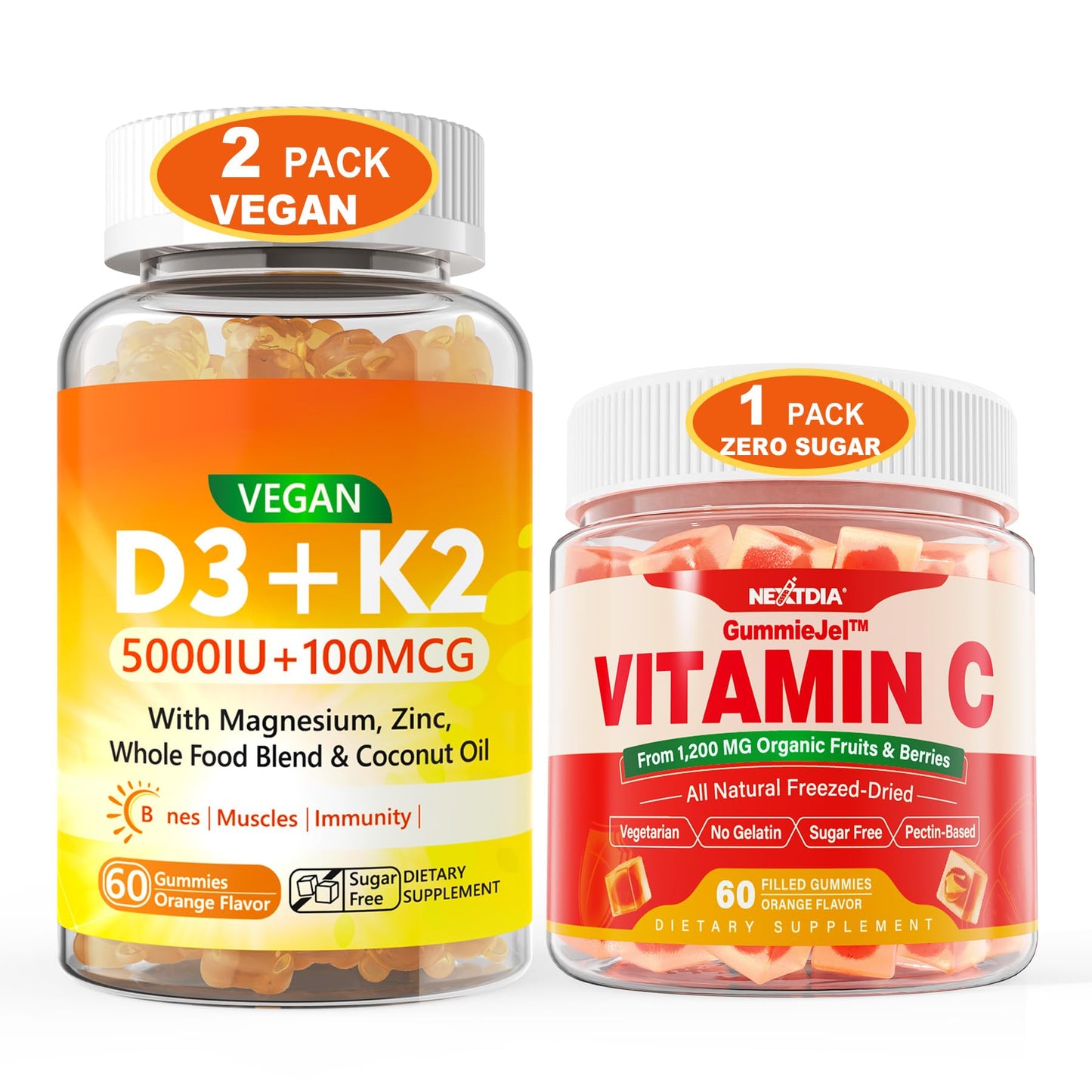 Nextdia Vitamin D3 5000IU K2 Gummies and Whole Food Vitamin C Gummies, 180 Gummies