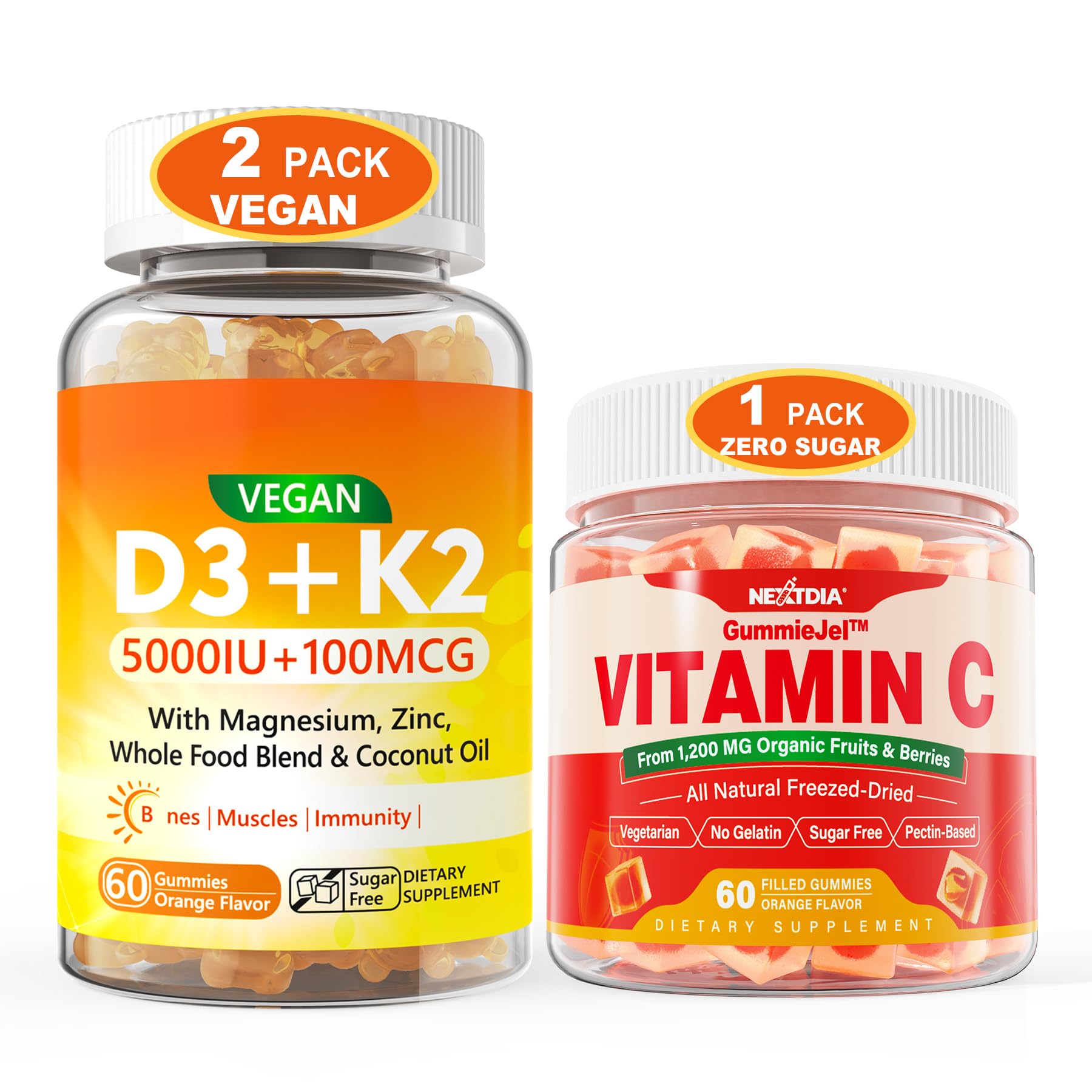 Nextdia Vegan Vitamin D3 5000IU K2 Gummies + Whole Food Vitamin C Gummies, 180 Gummies
