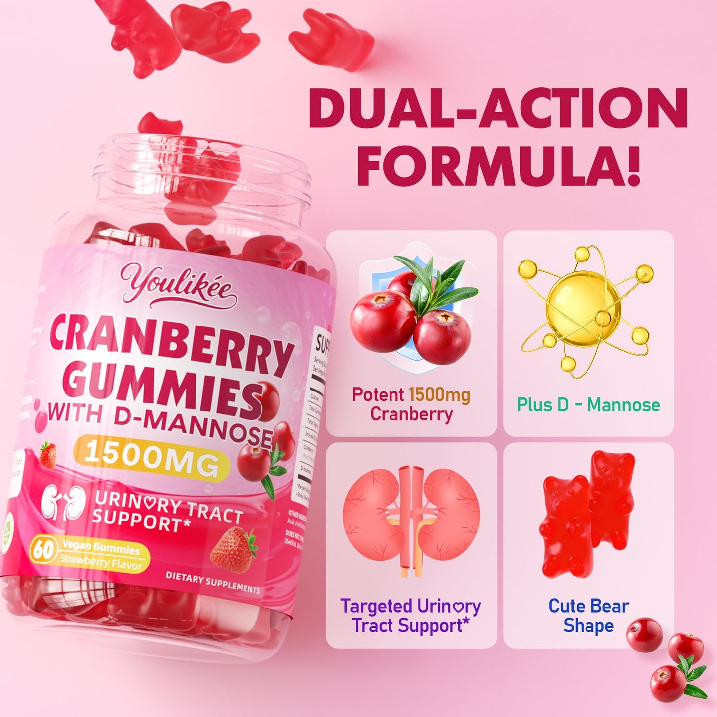 Youlikee Vegan Cranberry Gummies with D Mannose, 60 Count