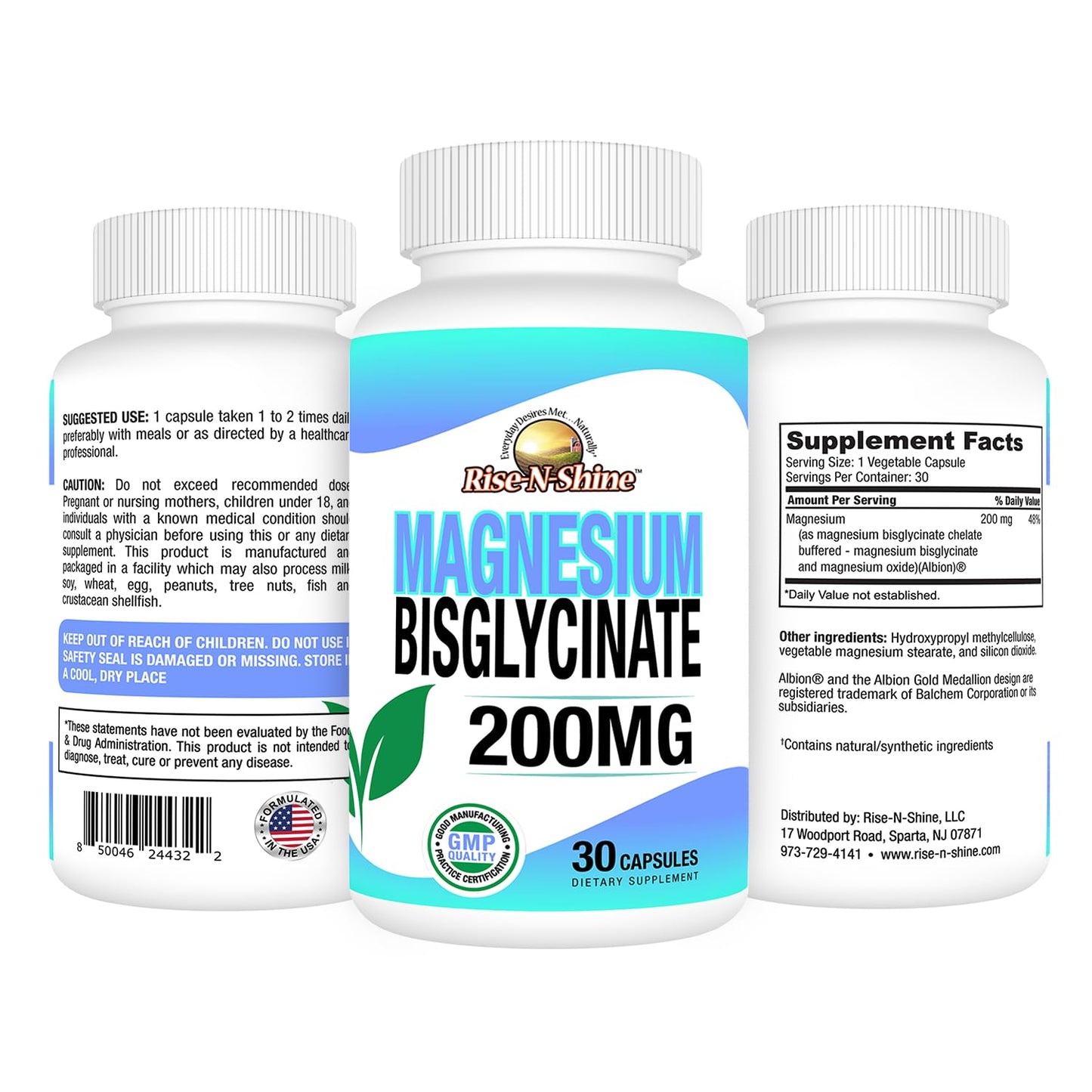 Rise-N-Shine Magnesium Bisglycinate 200 mg, 30 Capsules