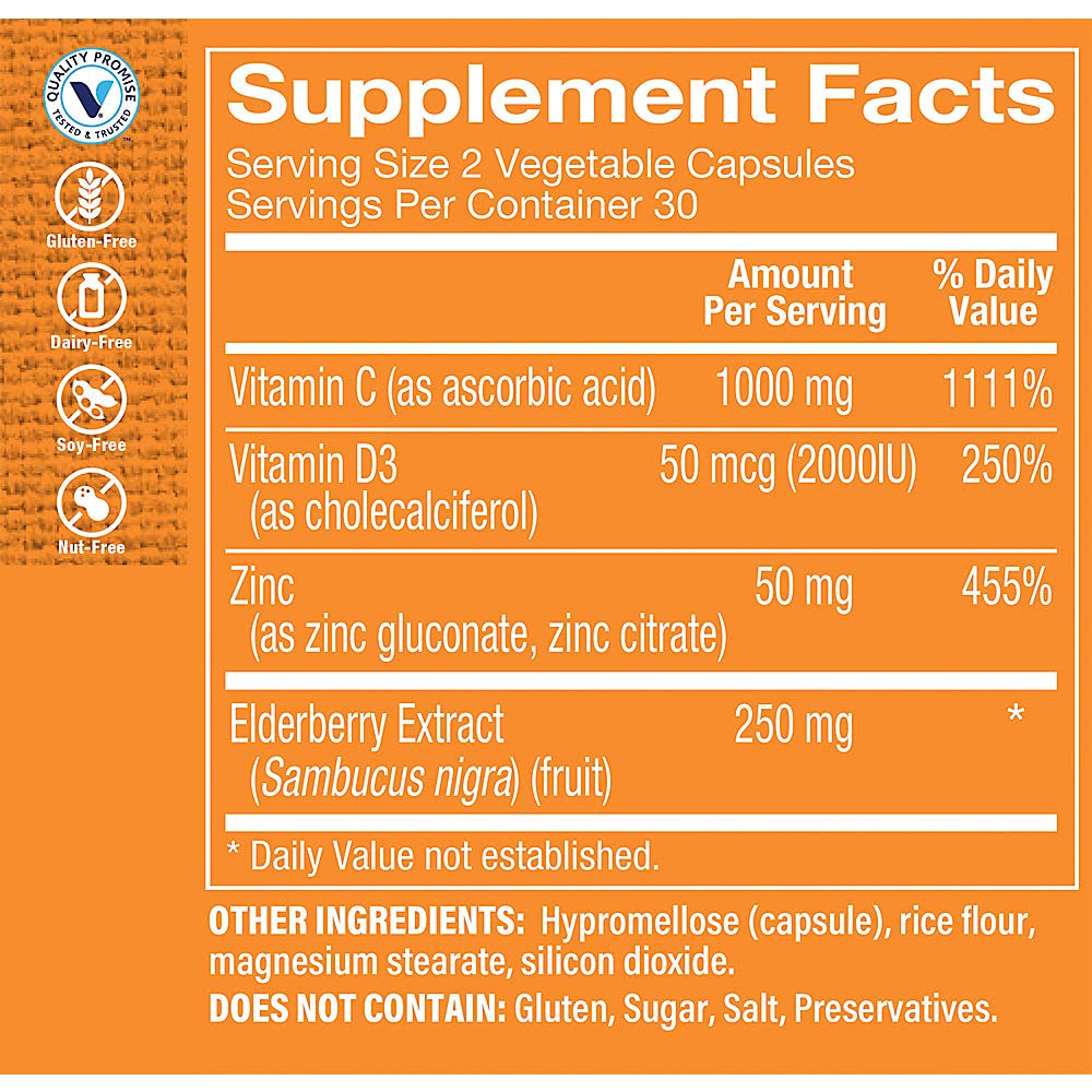 The Vitamin Shoppe Immune Essentials, C D3 Zinc Elderberry Vegetarian Capsules 1 Count