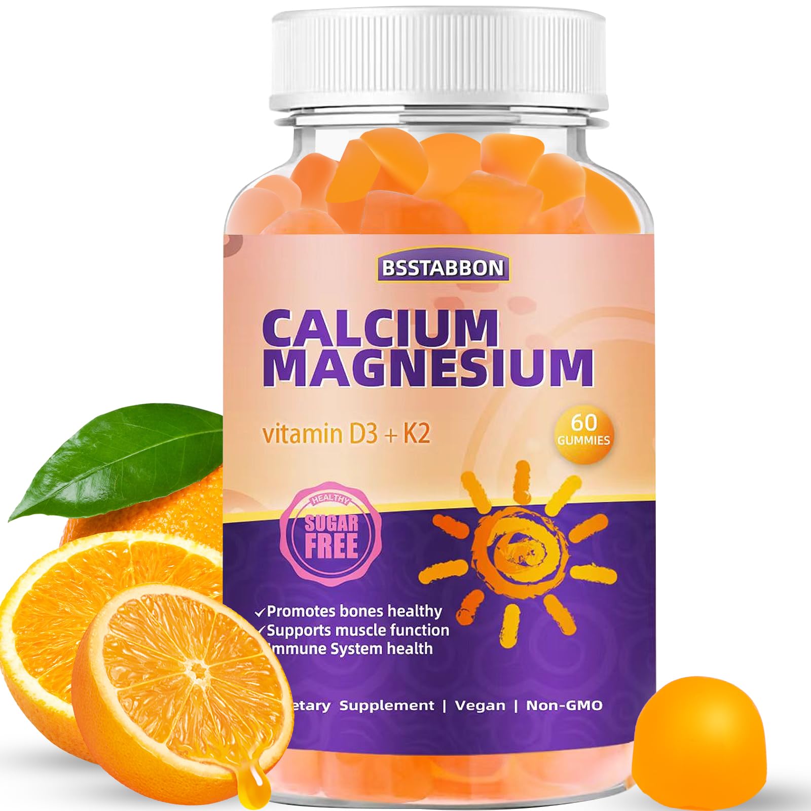 BSSTABBON Calcium Magnesium Gummies with Zinc Vitamin D3 K2 for Adults, Organic Sugar-Free Vegan Chewable, High Absorption, 60 Count