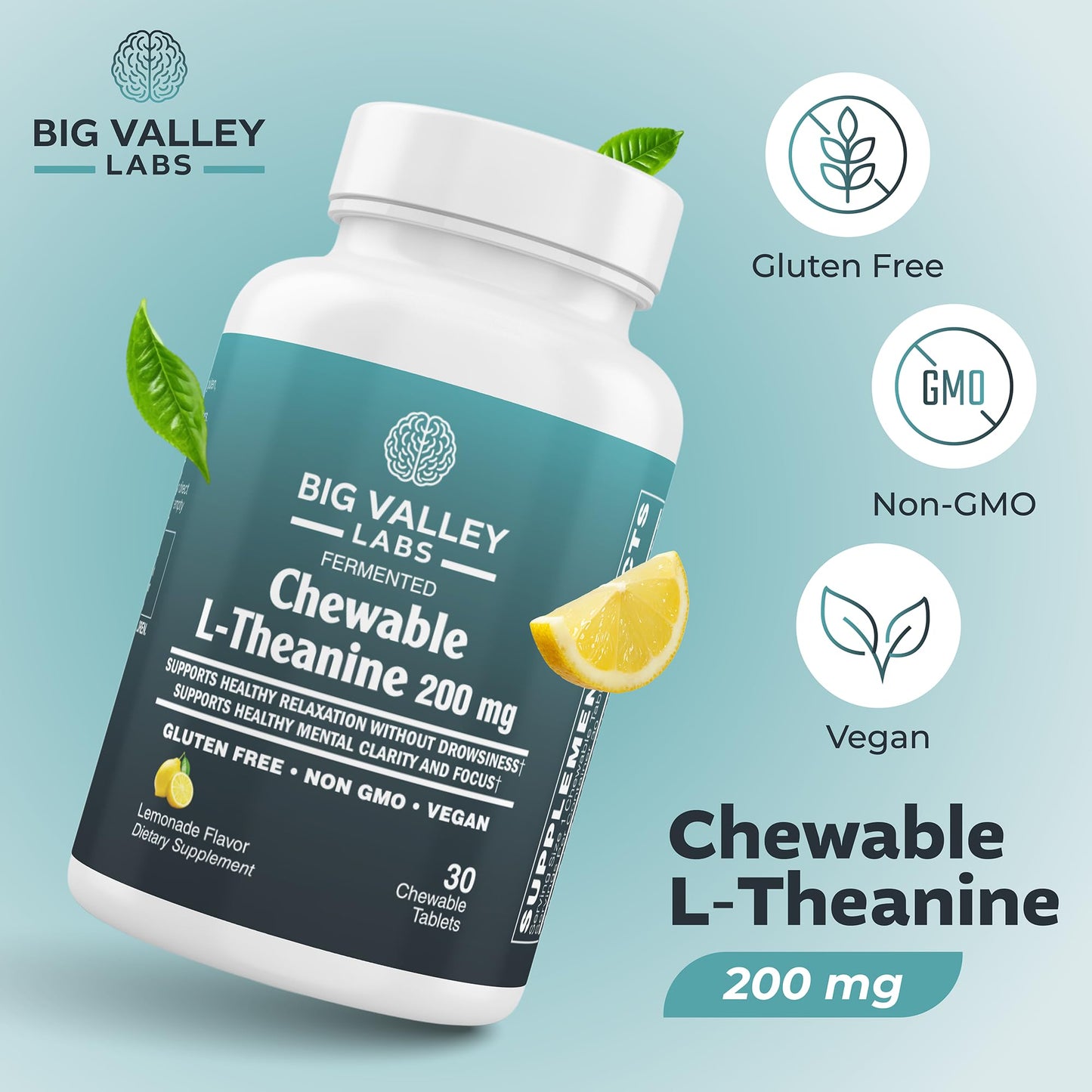 Big Valley Labs L-Theanine 200 mg Chewable Tablet – AlphaWave® Lemonade Flavor – Vegan, Non-GMO, Gluten-Free Supplement for Calm, Focus and Brain Function, 30 Chewable Tablets