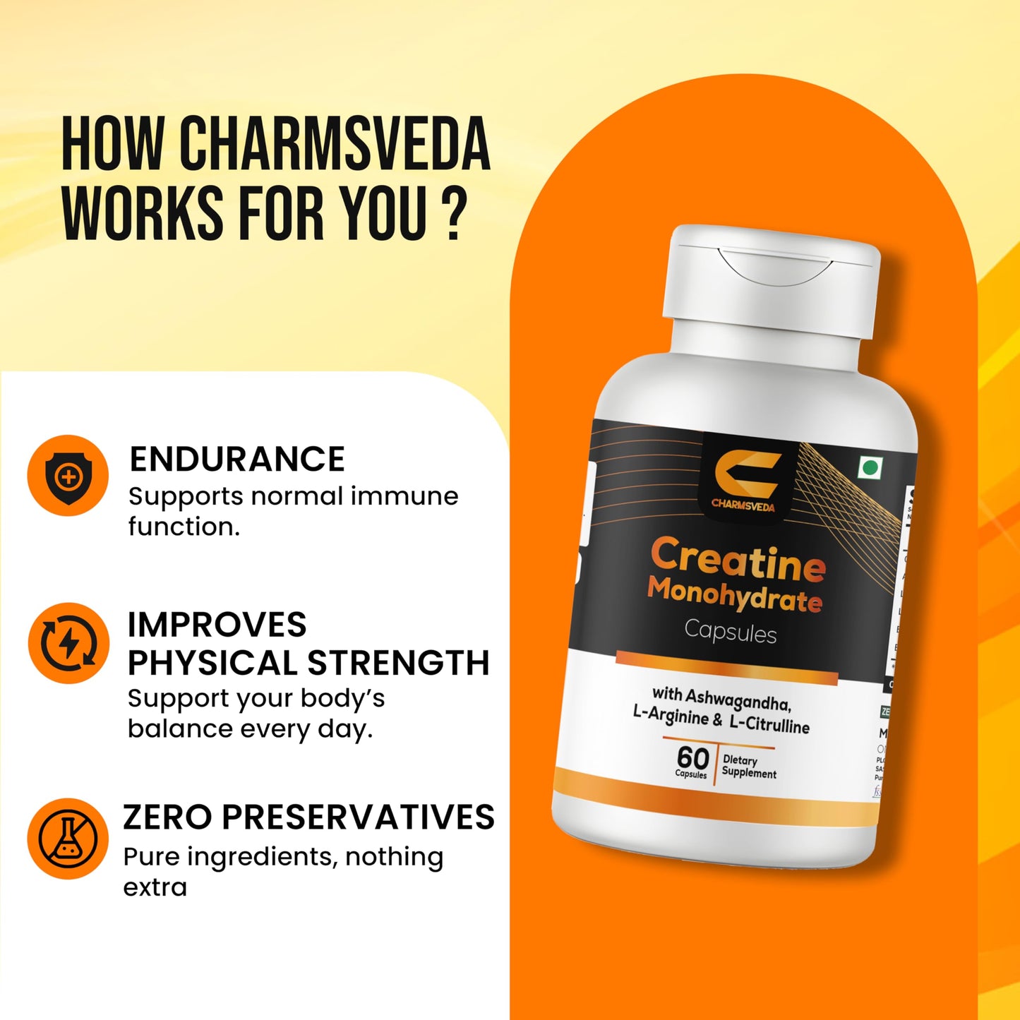 CHARMSVEDA Creatine Monohydrate with Ashwagandha, L-Arginine & L-Citrulline, 60 Capsules