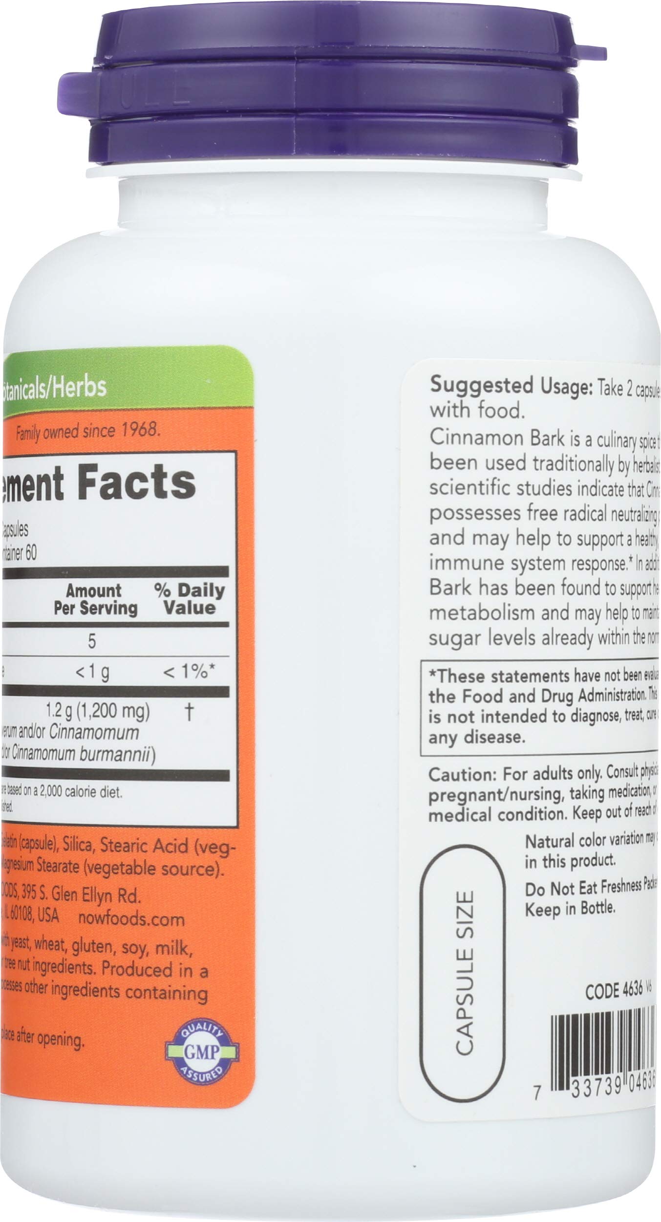 NOW Foods SPO Cinnamon Bark Capsules, 120 Count