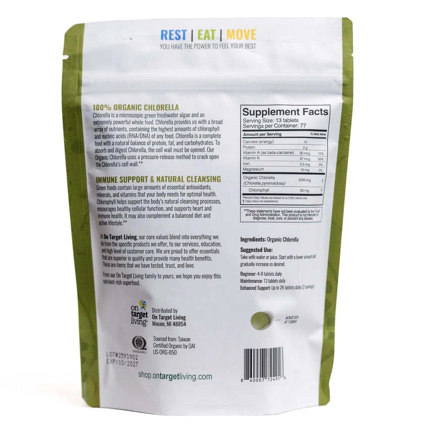 On Target Living Organic Chlorella Tablets 1000