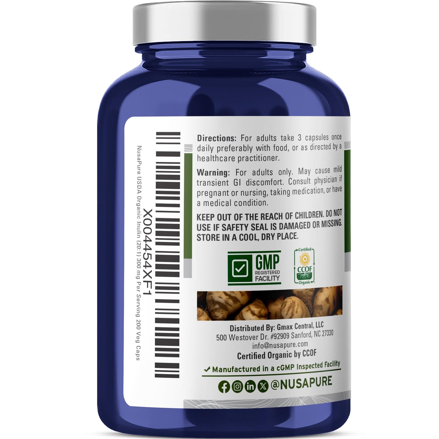 NusaPure Organic Inulin 300mg, Vegan, Non-GMO, Veg Capsules, 200 Count
