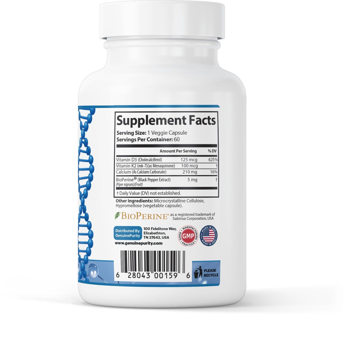 GenuinePurity D3 K2 Vitamin Supplement with BioPerine Capsules 60 Count