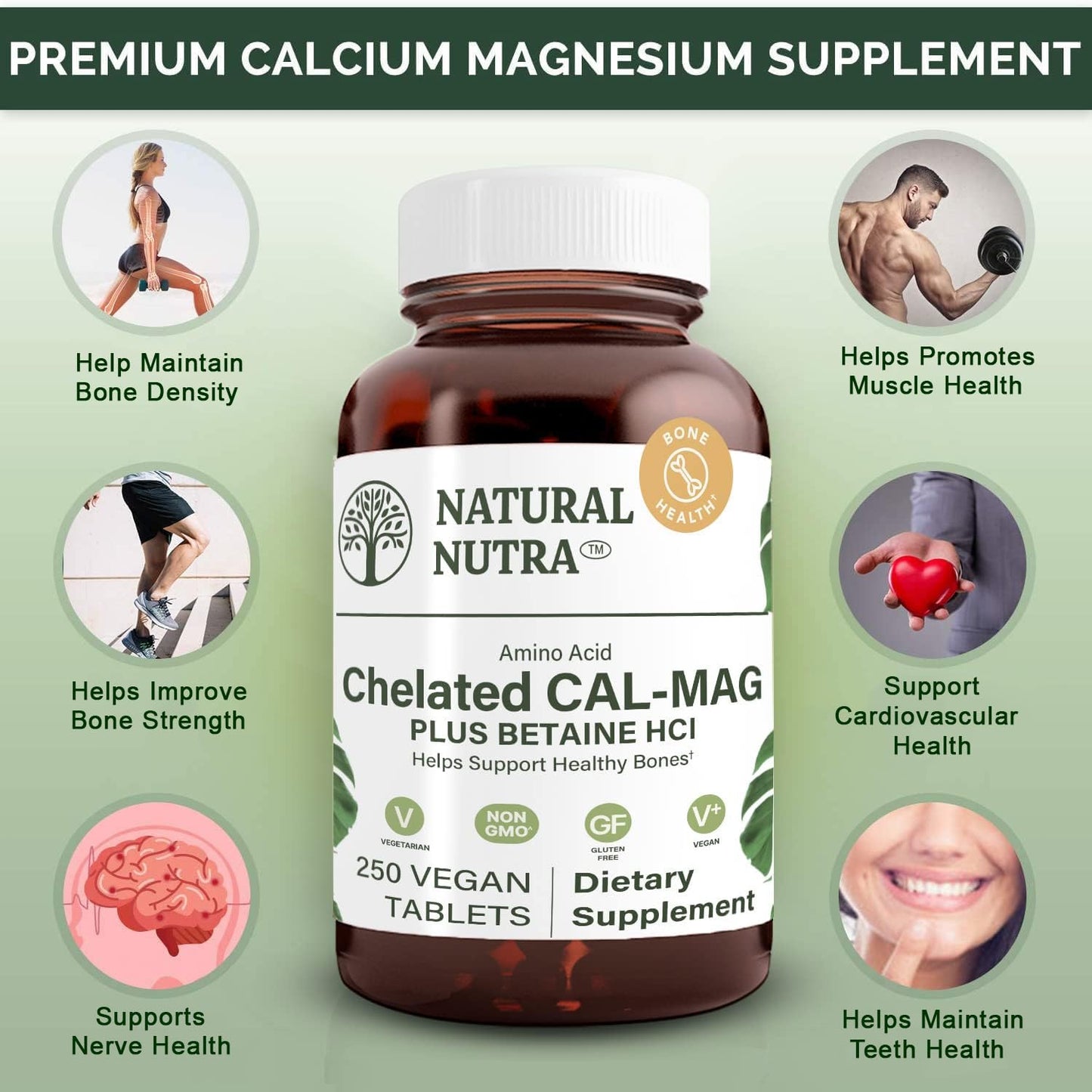 Natural Nutra Chelated Calcium Magnesium 1000/500 mg Supplements Plus Betaine HCL, 250 Tablets