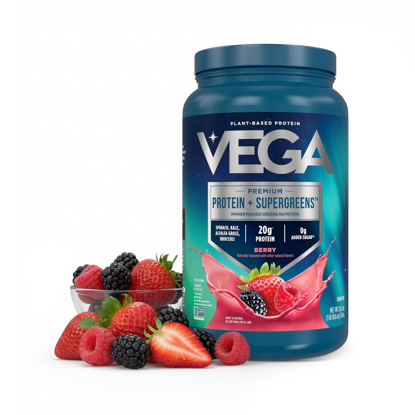 Vega Premium Protein + Supergreens Protein Powder, Berry, 26 Servings