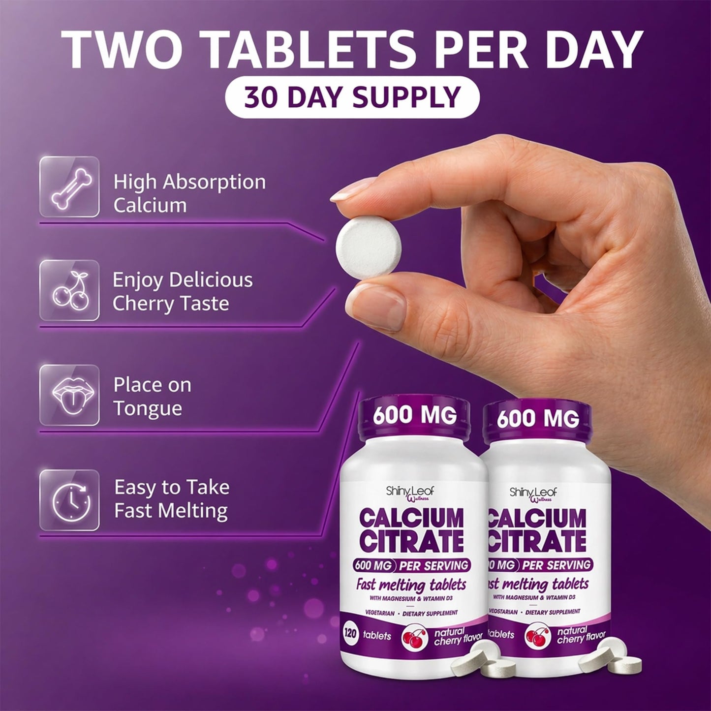 Shiny Leaf Bariatric Calcium Citrate 600mg with Magnesium & Vitamin D3 Cherry Flavor Fast-Dissolve Tablets, 240 Tablets