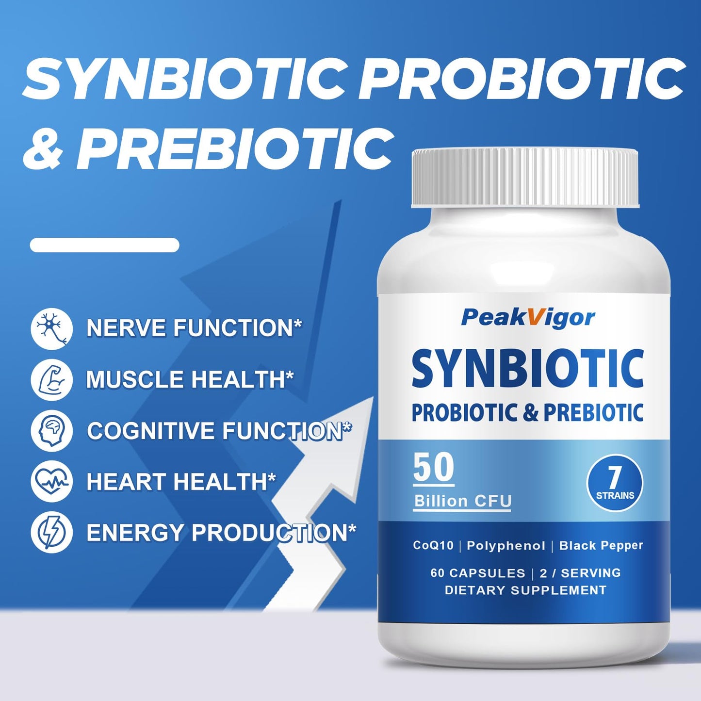 PeakVigor 50 Billion CFU Probiotic Supplement with FOS Prebiotics, CoQ10 & Polyphenol – 7 Strain Synbiotic Formula with Black Pepper Capsule 60 Count