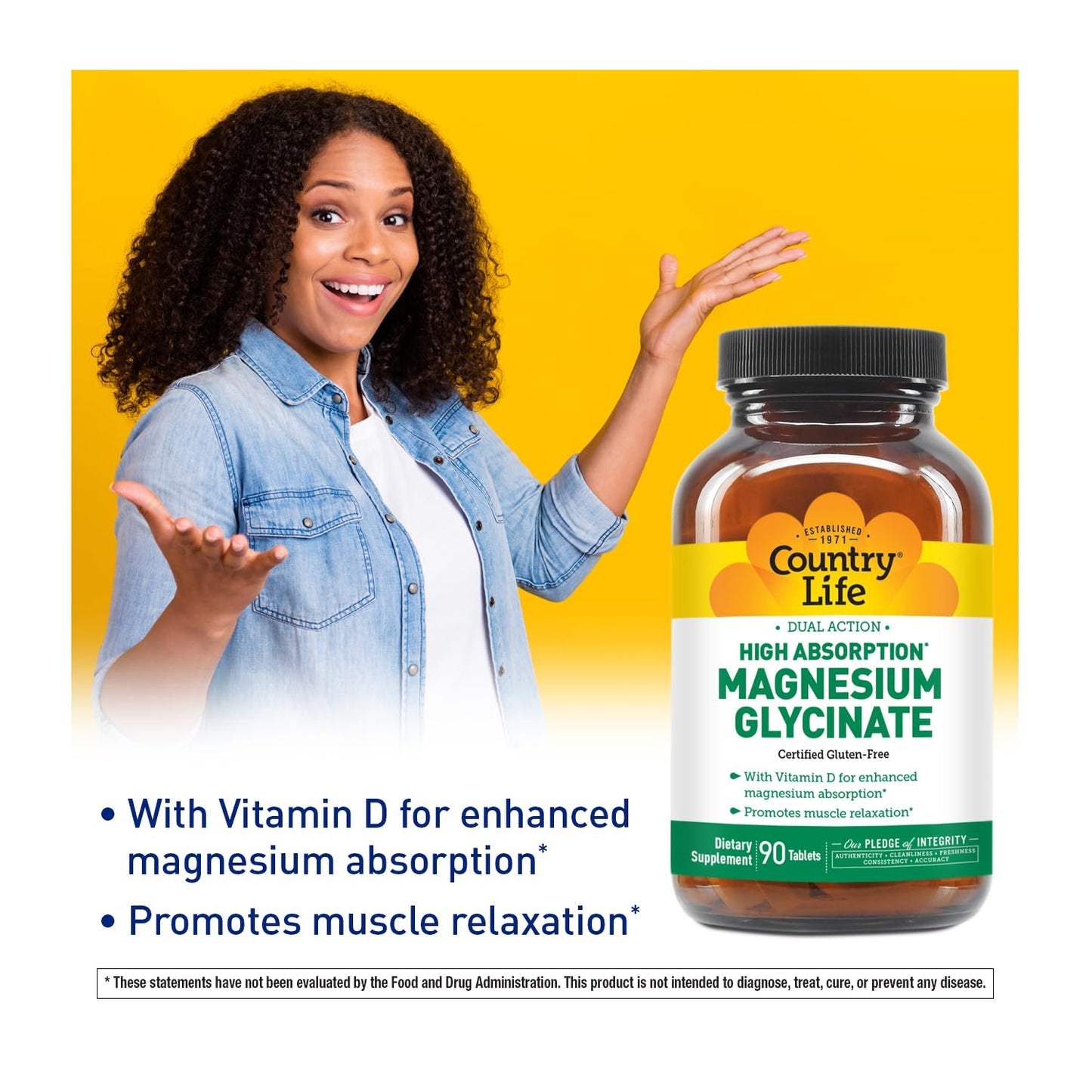 Country Life Magnesium Glycinate 350 mg with Vitamin D3 Tablets, 90 Count