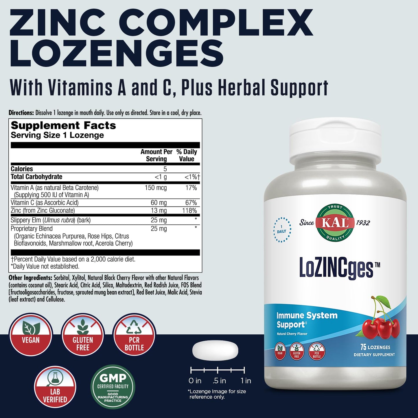 KAL Zinc Lozenges Cherry 13 mg, 75 Count