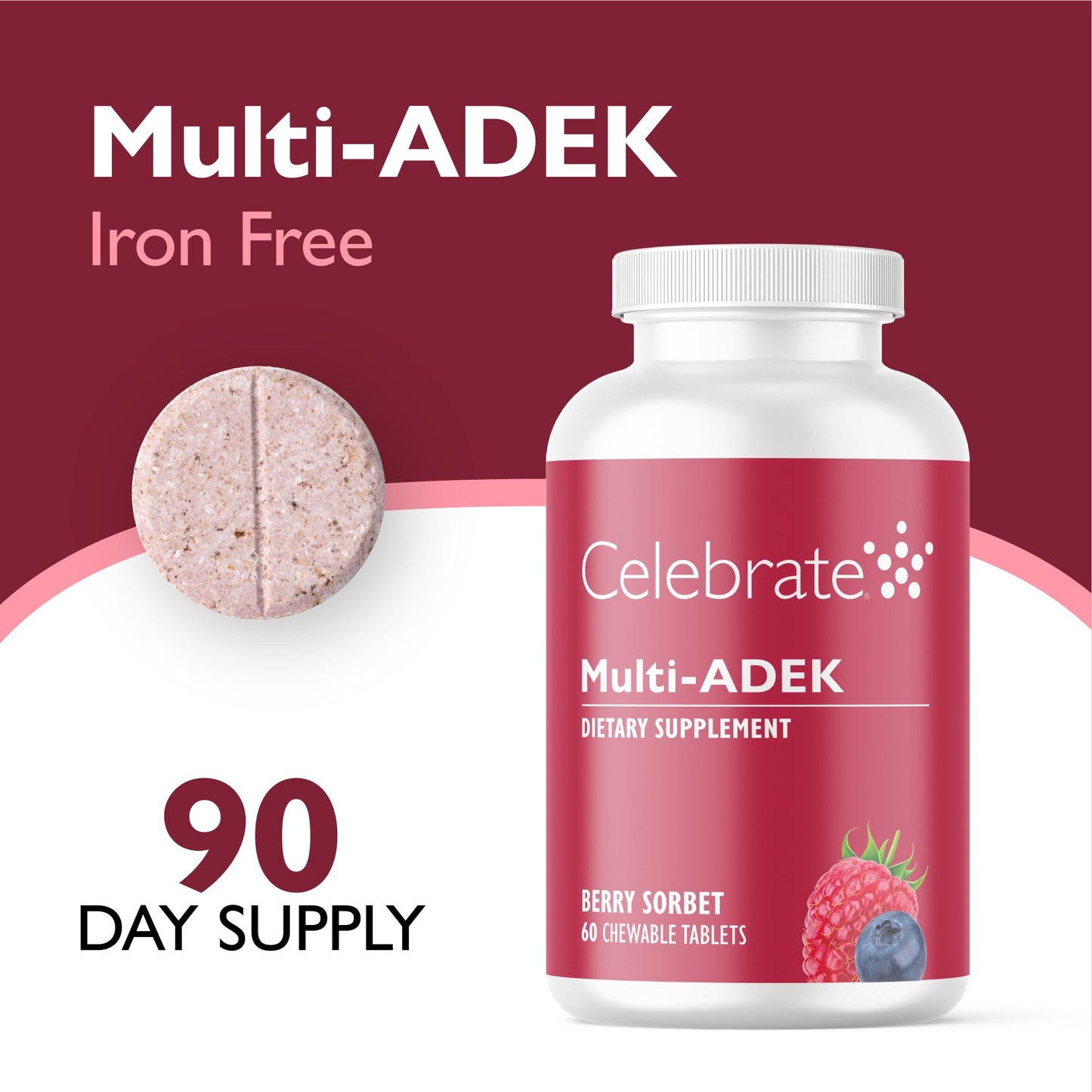 Celebrate Bariatric Supplements Celebrate Vitamins Multi ADEK Chewables, Iron Free - Daily Bariatric Multivitamin, High Level of Vitamins A, D, E, K & B12 for Duodenal Switch Surgery Patients - Berry Sorbert 180 Tablets