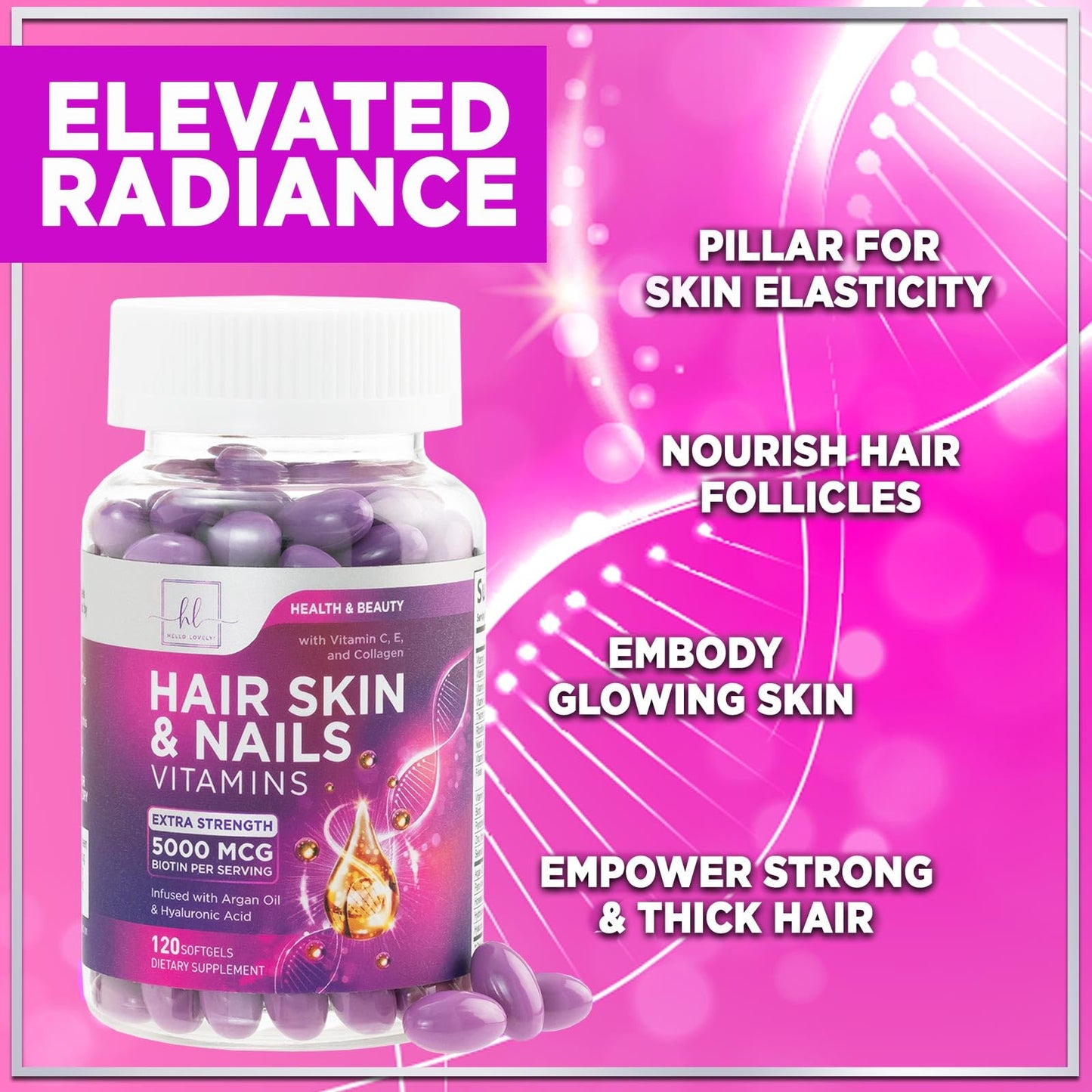 Hello Lovely! Hair Vitamins for Women for Hair Growth - Argan-Infused Supplement with Collagen, Biotin and Hyaluronic Acid Softgels 120