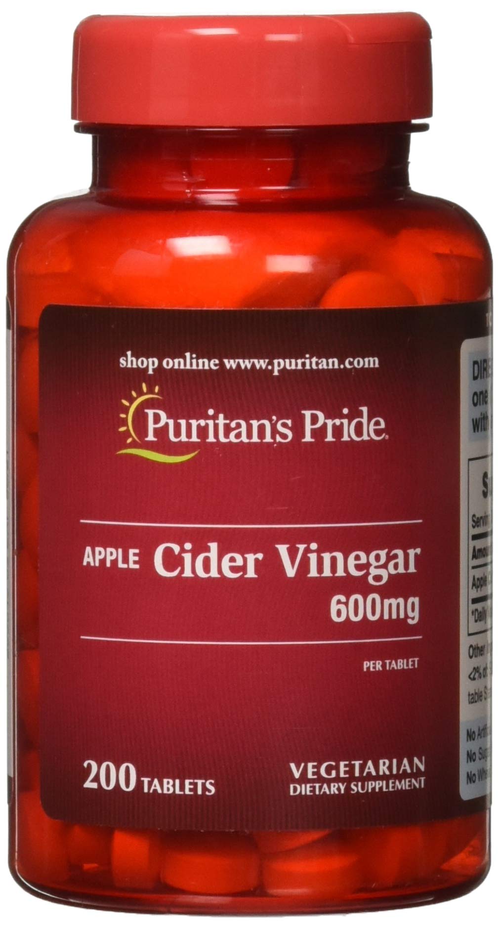 Puritan's Pride Apple Cider Vinegar 600 mg Tablet, 200 Tablets