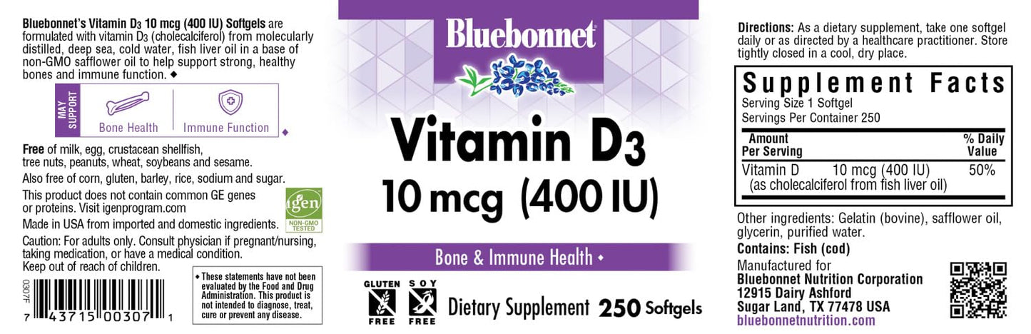 BlueBonnet Vitamin D3 400 IU Softgel, 250 Count
