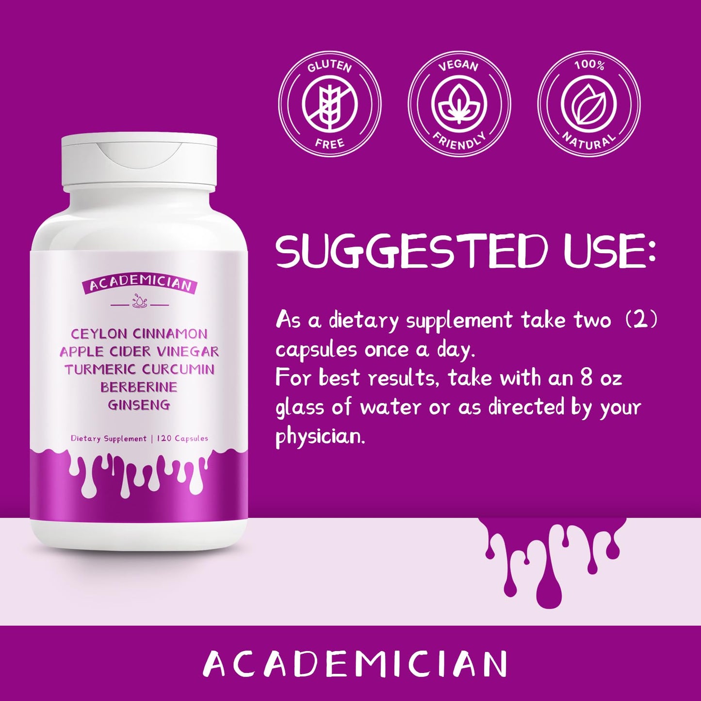 ACADEMICIAN Berberine Apple Cider Vinegar Turmeric Supplement with Ceylon Cinnamon Ginseng Bitter Melon Gymnema Fenugreek Milk Thistle Capsules 120