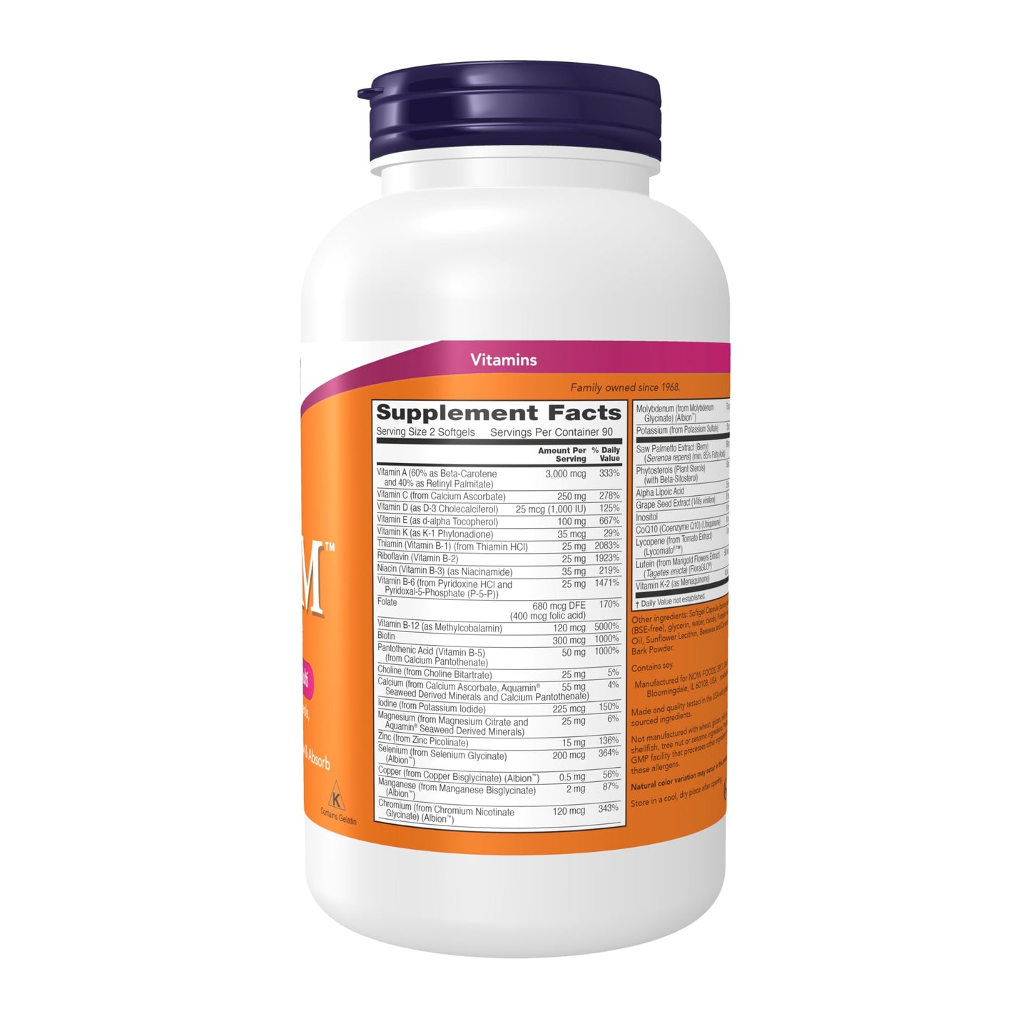 NOW Foods ADAM Men's Multivitamin with Saw Palmetto, Plant Sterols, Lycopene & CoQ10 Softgels 180