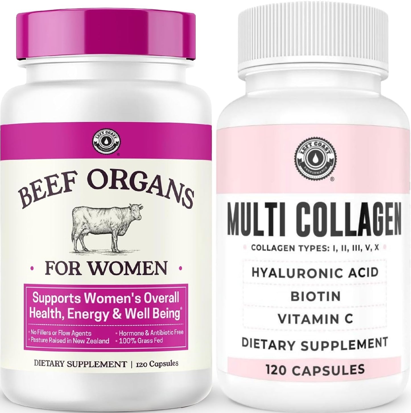 Left Coast Performance Hydrolyzed Multi Collagen Peptides & Beef Organ Supplement for Women Capsules, 240