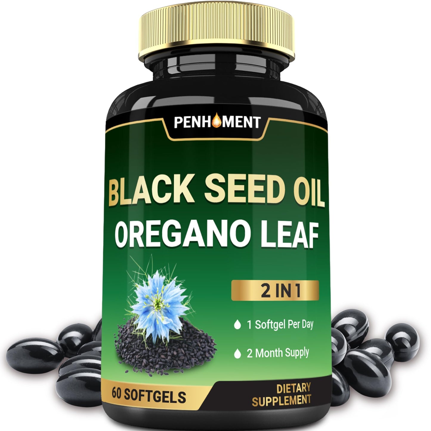 Penhoment 550 mg Black Seed Oil with Oil of Oregano Softgels, 60 Count