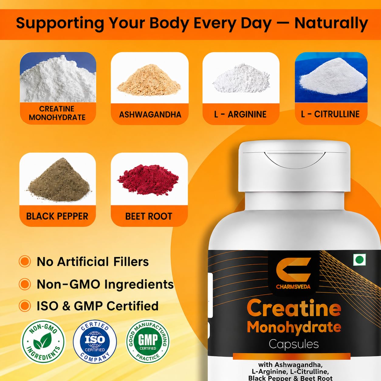 CHARMSVEDA Creatine Monohydrate Capsules 60 Count