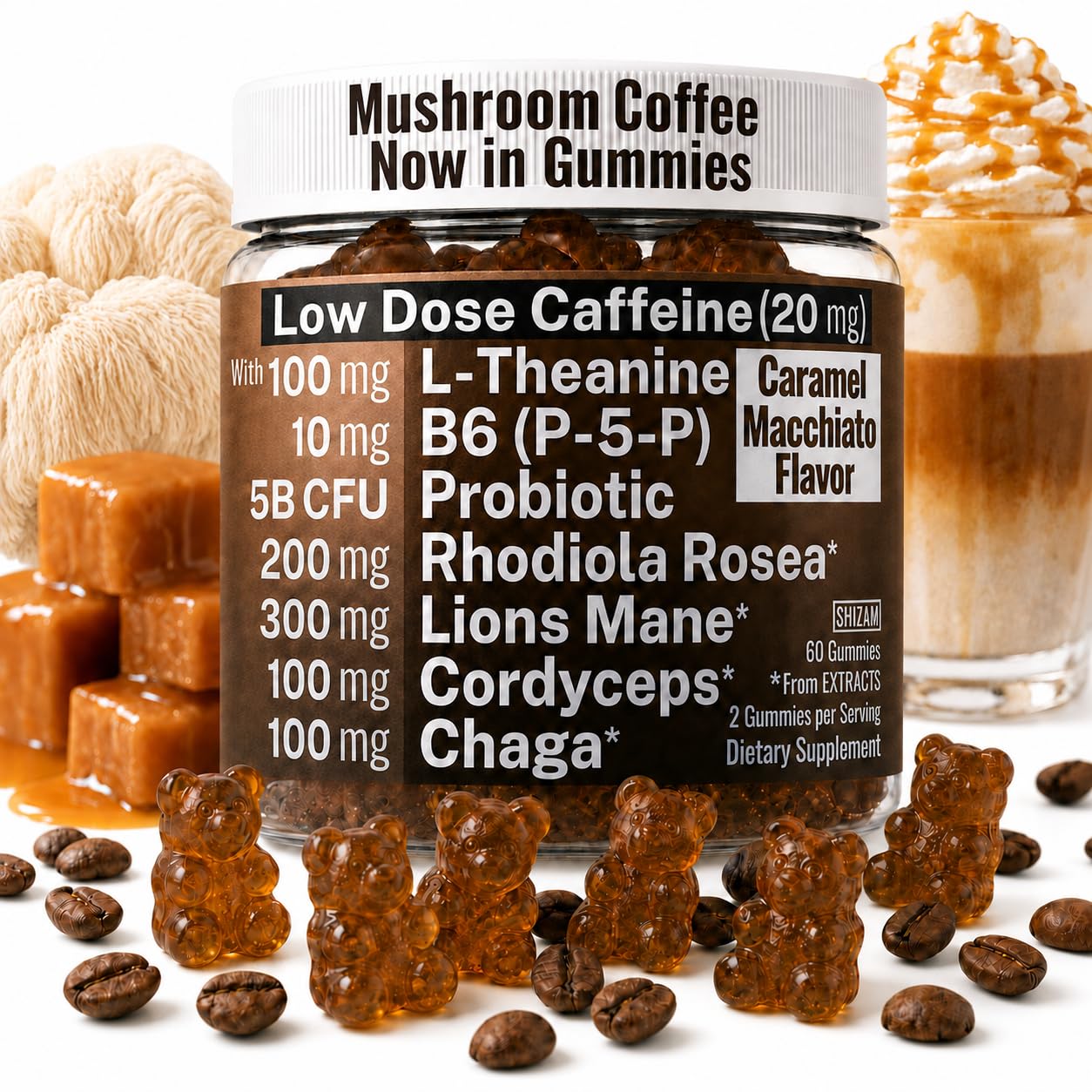 SHIZAM Mushroom Coffee Gummies with Lion’s Mane, Cordyceps, Chaga & Caffeine 60 Count