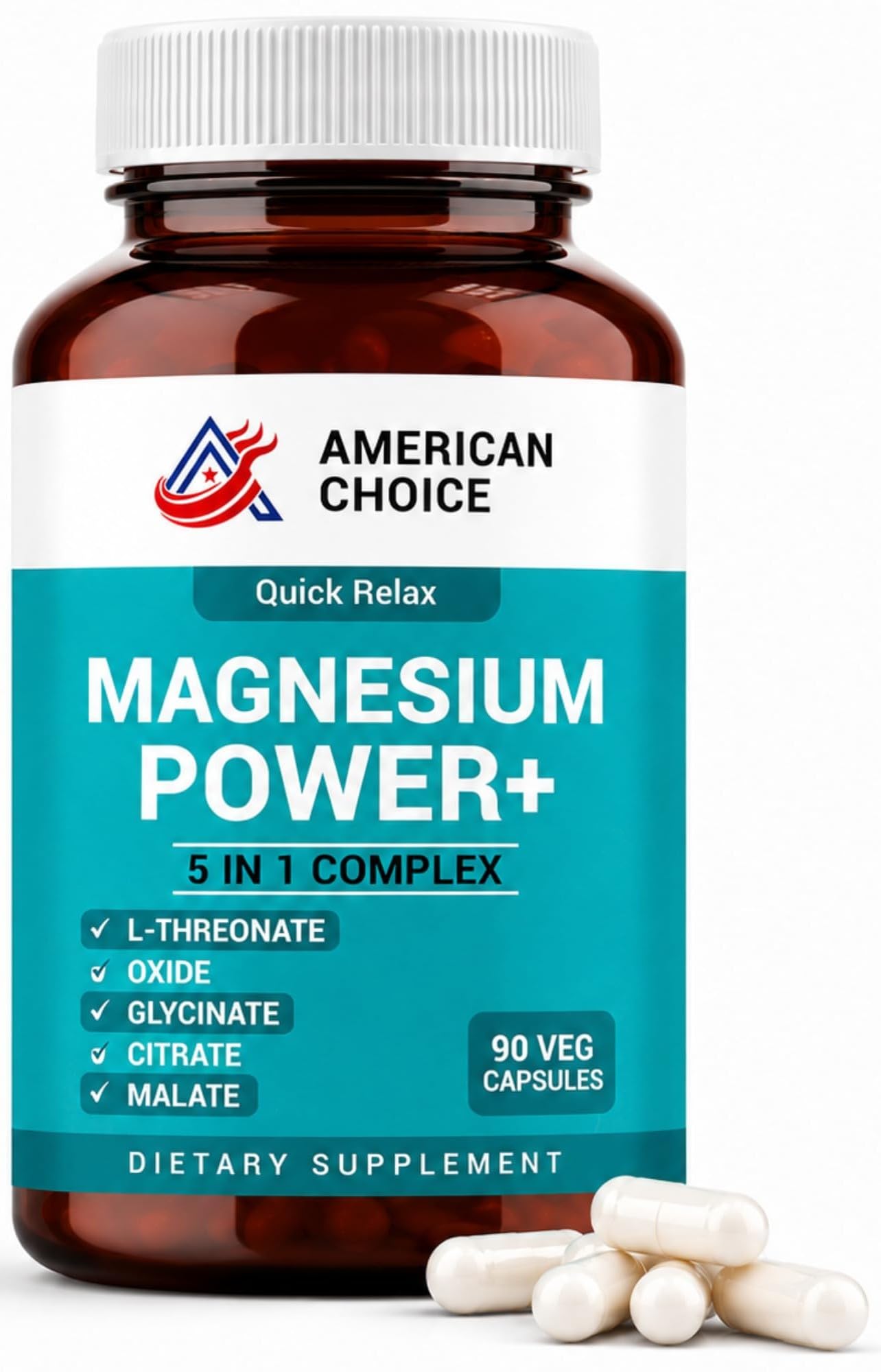 American Choice Magnesium Complex for Women & Men 5-in-1 200mg (Glycinate, L-Threonate, Citrate, Malate & Oxide) Capsules, 90