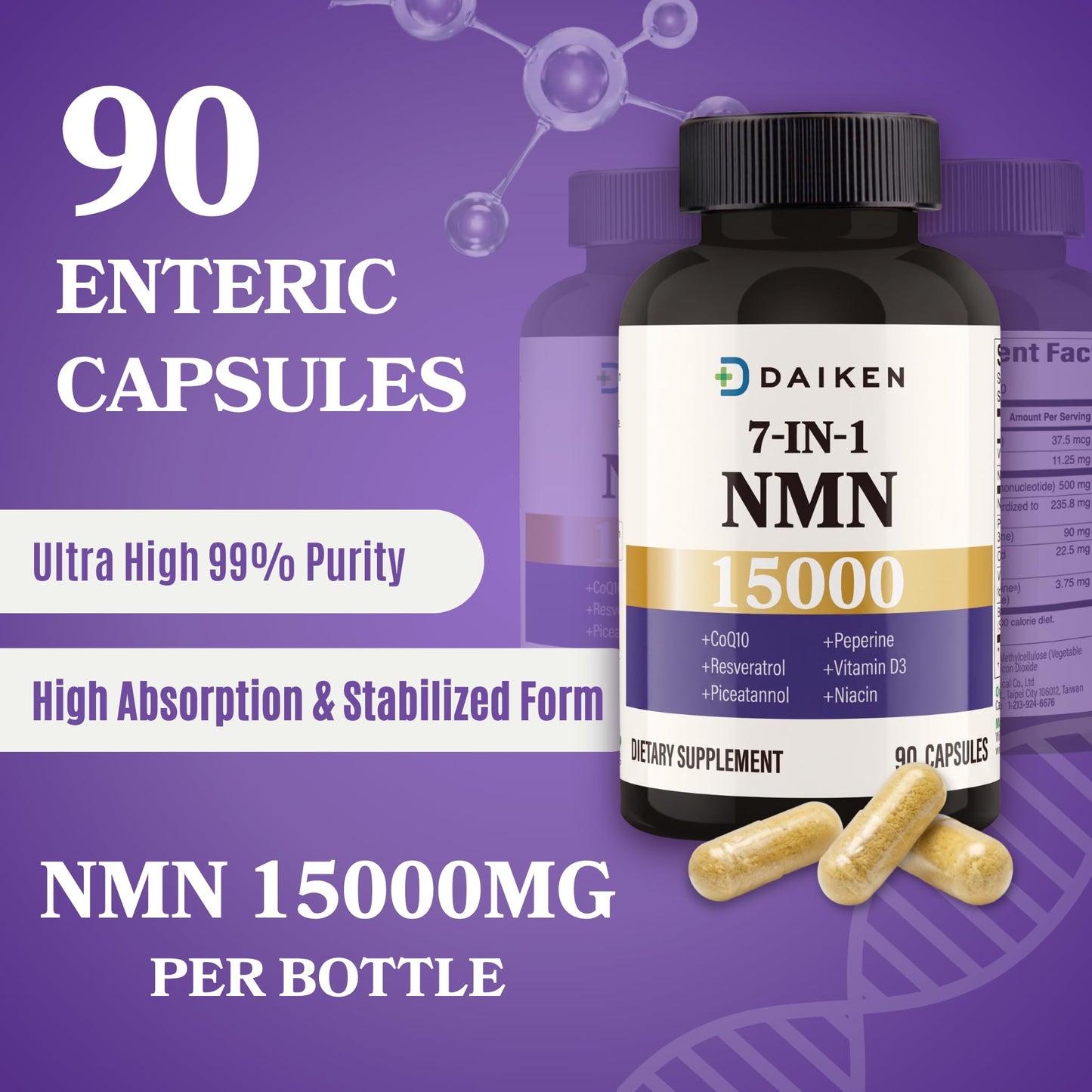 DAIKEN NMN Supplement 15000 Complex with CoQ10, D3 & Resveratrol, 90 Capsules