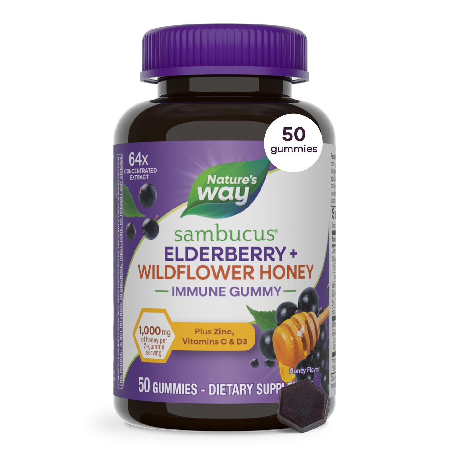 Nature's Way Sambucus Elderberry + Wildflower Honey Immune Gummy, 50 Count