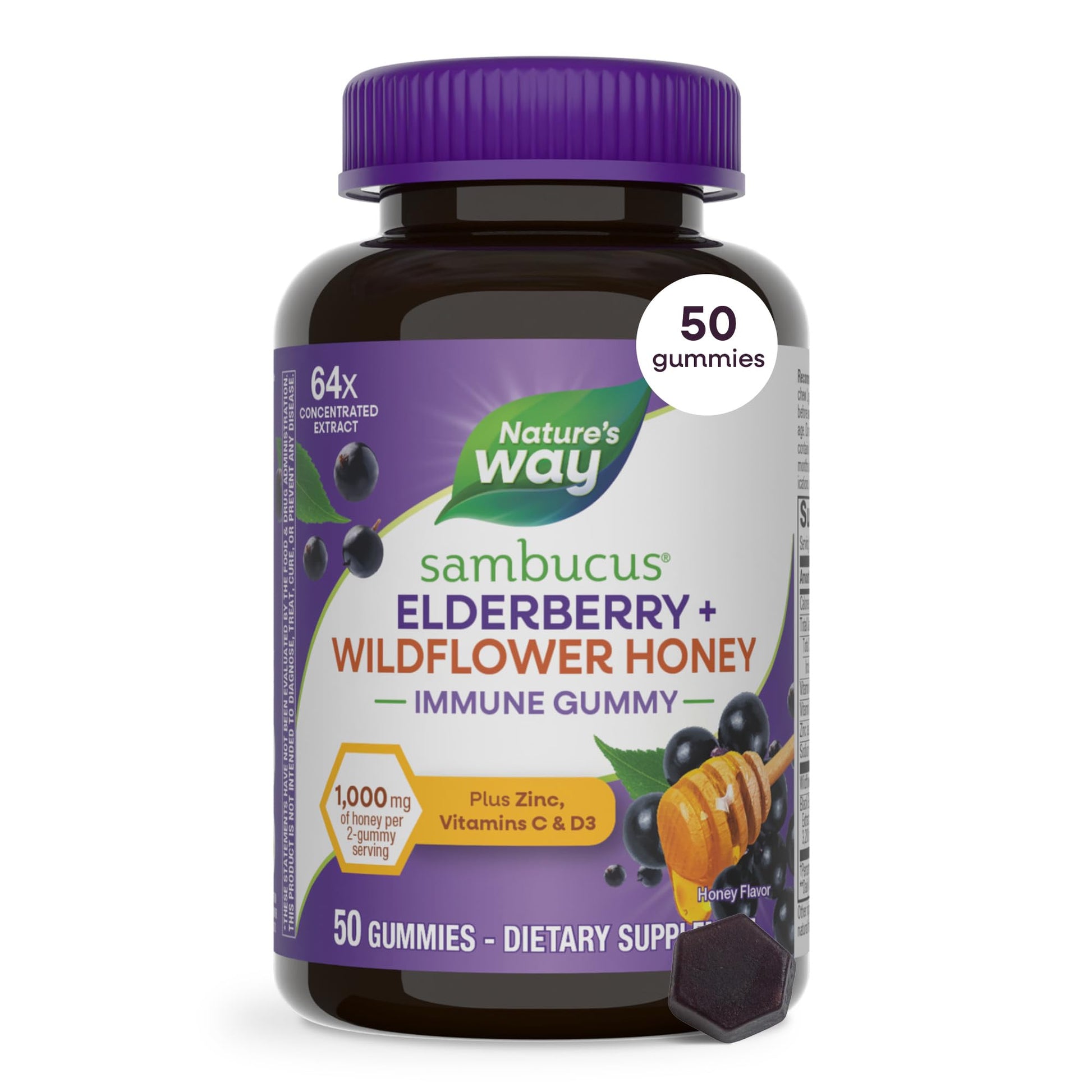 Nature's Way Sambucus Elderberry + Wildflower Honey Immune Gummy, 50 Count