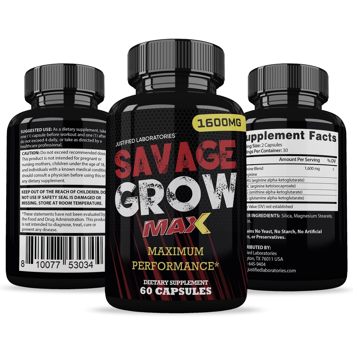 Justified Laboratories Savage Grow Max 1600MG Advanced Men's Health Formula 60 Capsules