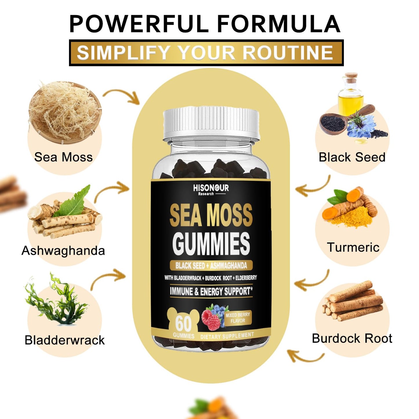 Hisonour Research Sea Moss Gummies with Black Seed Oil, Ashwagandha, Ginger, Irish Sea Moss, Mixed Berry Flavor, Vegan, 60 Gummies