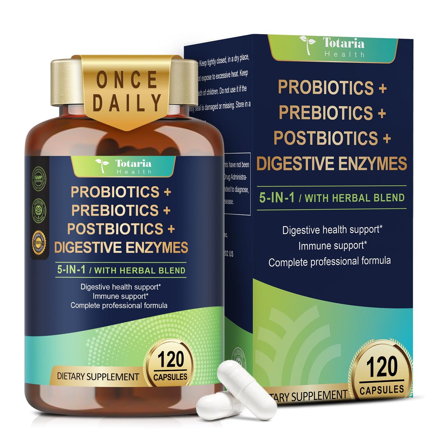 Totaria 5-in-1 Probiotic Prebiotic & Postbiotic 60 Billion CFU Capsules 120 Count