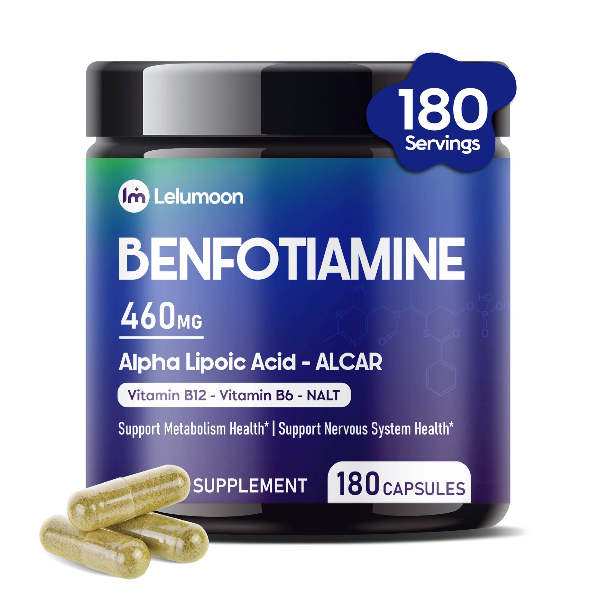 LELUMOON Premium Benfotiamine 990 mg with ALA, ALCAR, B12, Citicoline & NALT 180 Capsules