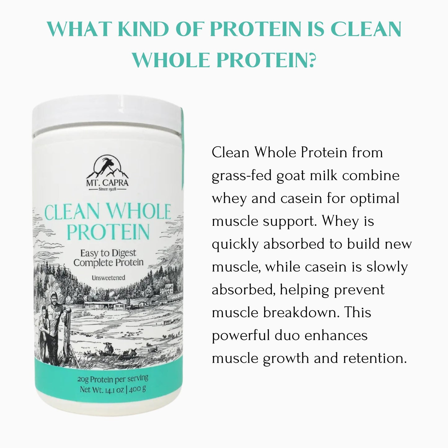 Mt. Capra Clean Whole Protein Powder, Grass-Fed Goat Protein with Whey and Casein, 14.11 oz
