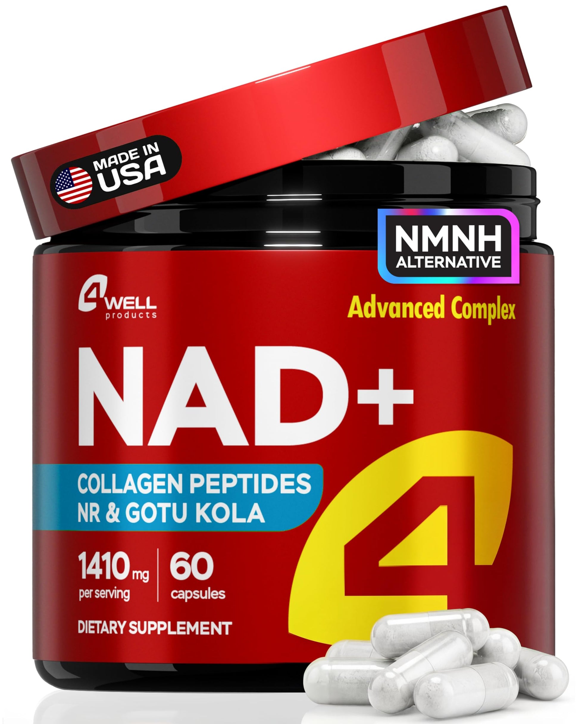 4Well Products NAD Plus Supplement 1400mg NMNH Alternative Supports Healthy Aging with Nicotinamide Riboside, Gotu Kola and Collagen, Capsules, 60 Count