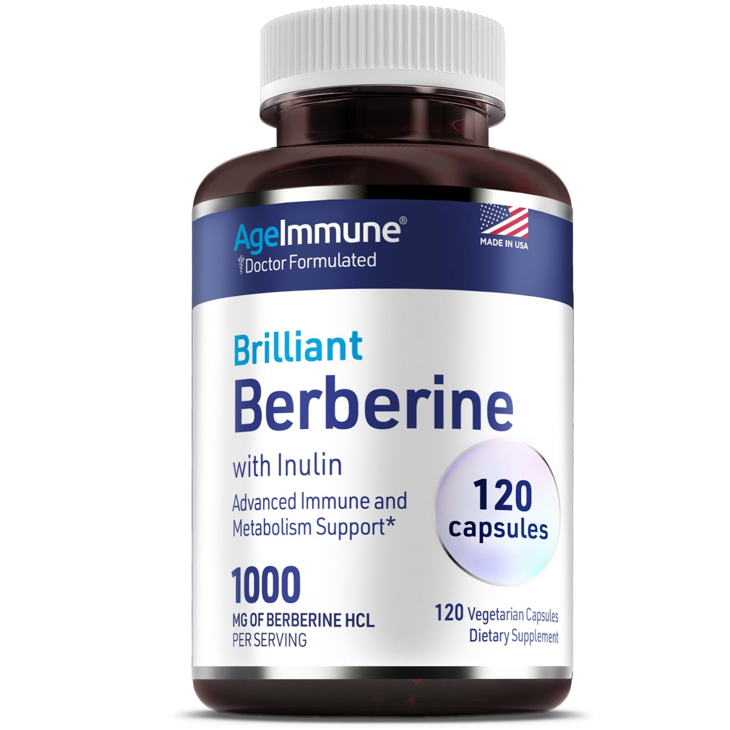 AgeImmune Berberine 1000mg Supplement Complex with Inulin Prebiotic Capsule 120 Count
