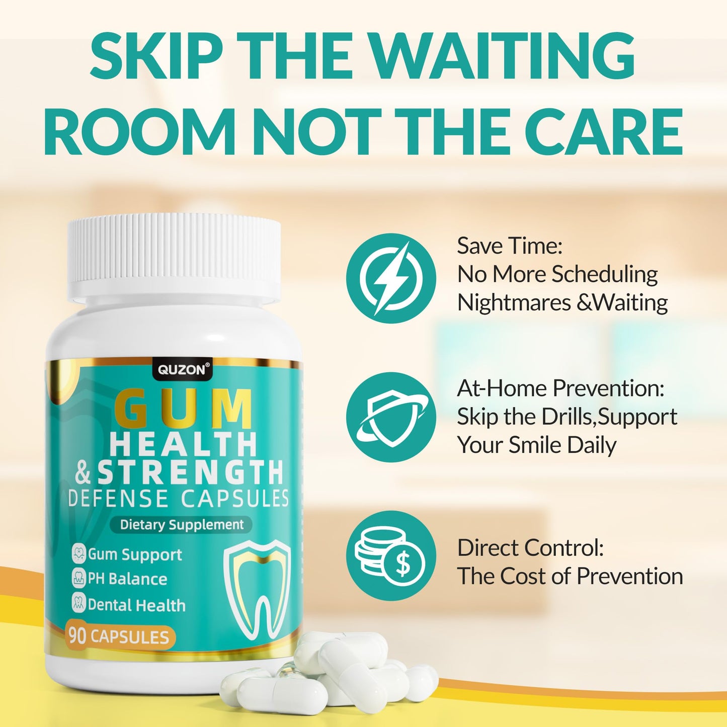 QUZON Advanced Gum Care Formula with Bovine Bone Marrow, Collagen, Vitamins D3 and K2, CoQ10 - Daily Oral Support Supplement for Adults 90 Capsules