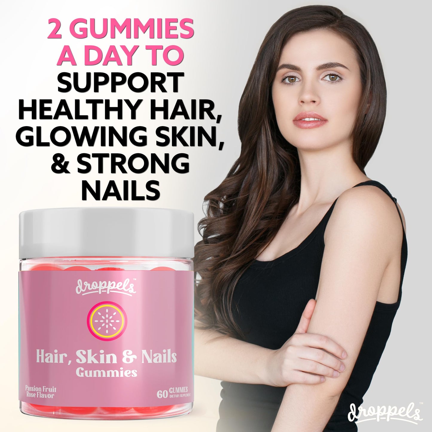 Droppels Hair, Skin and Nails Multivitamin Gummies with Biotin 10,000mcg, Vegan & Pectin-Based, Passion Fruit Rose Flavor, 60 Count
