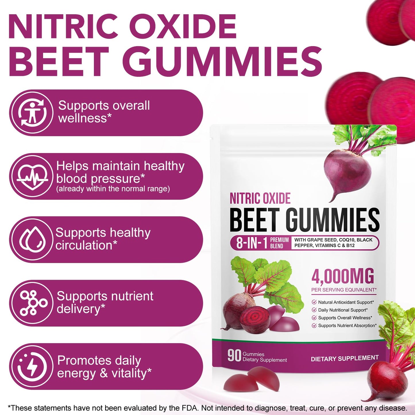 TAKNFDMY Beet Root Gummies 8-in-1 with CoQ10, Grape Seed, Vitamin C & B12 Gummy 90 Count
