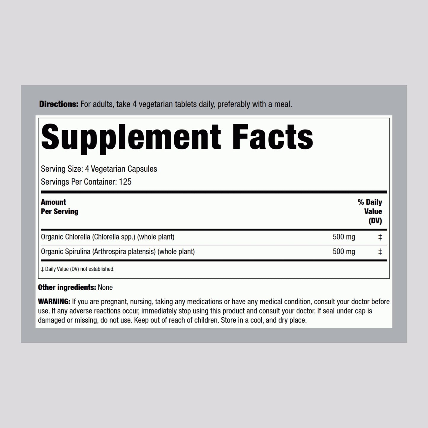 Piping Rock Chlorella Spirulina Organic Tablet, 500 Tablets