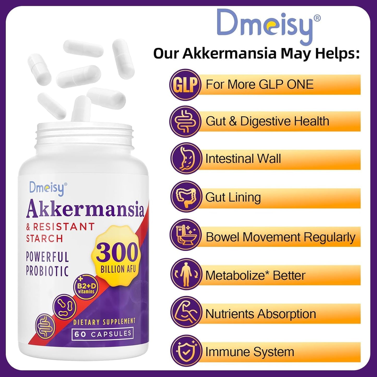 Dmeisy Akkermansia Muciniphila Probiotic Capsule, 300 Billion AFU, 120 Count