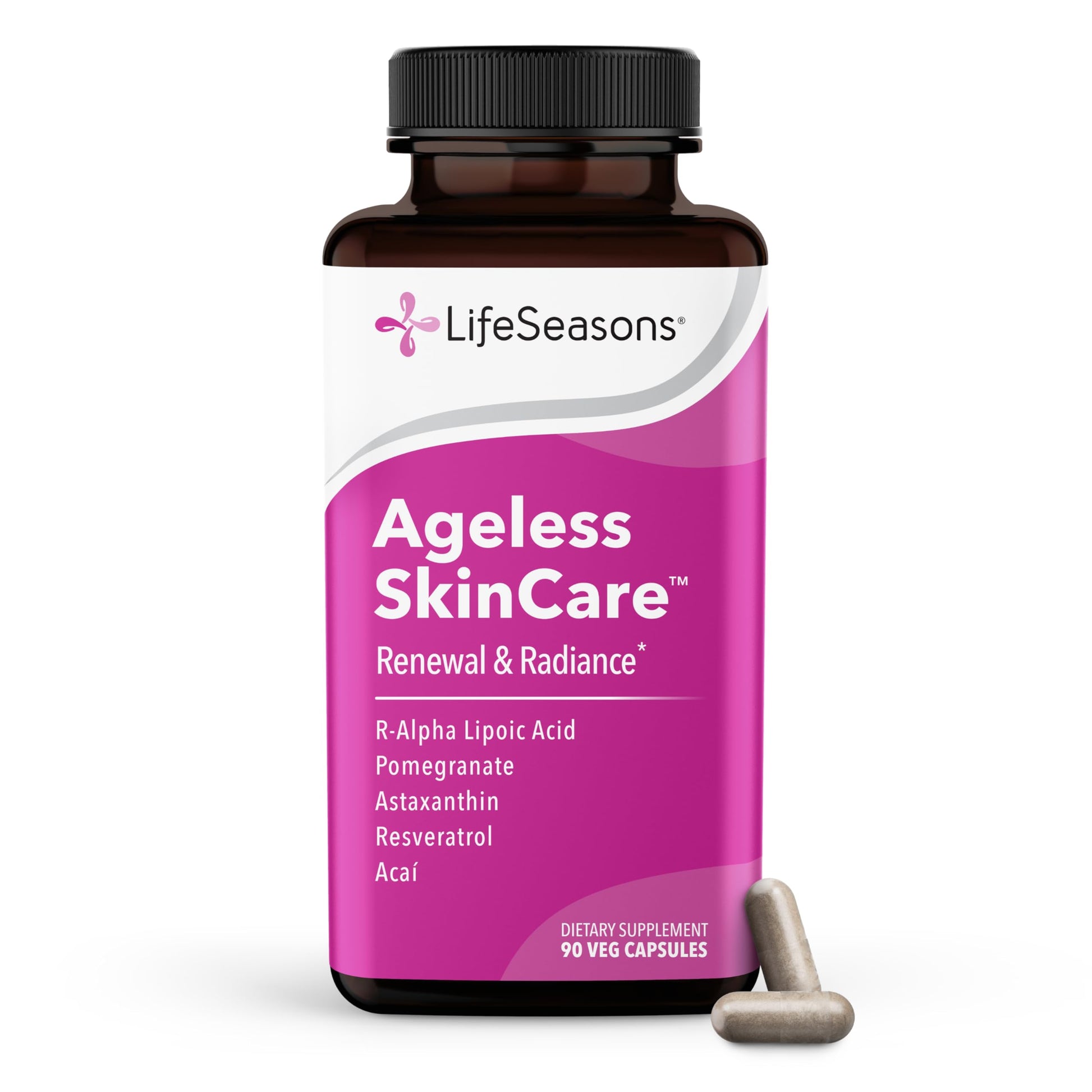 LifeSeasons Ageless Skincare Anti Aging Supplement Antioxidant Support Moisturizes & Nourishes Skin Acai Berry Astaxanthin Resveratrol R-Alpha Lipoic Acid & Pomegranate Extract Capsule 90 Count